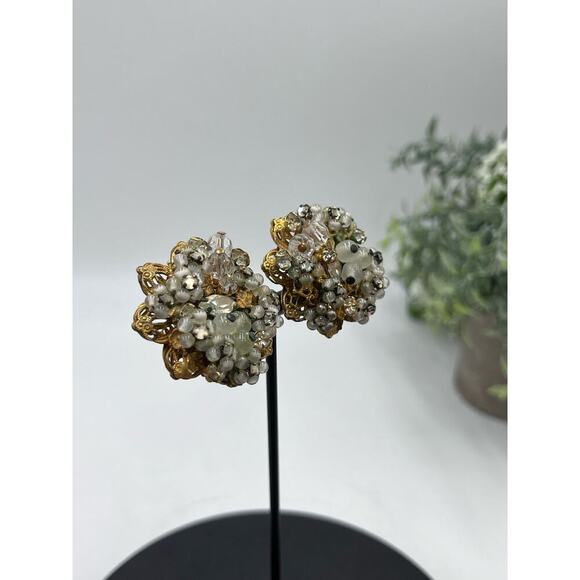 Robert Vintage Rhinestone Faux Pearl Layered Filigree Cluster Clip On Earrings - Picture 5 of 16